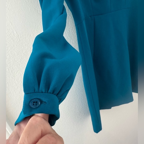 Milly Teal Long Sleeve Split Neck Mini Dress Puff Sleeve Cocktail Party Size 8 - Picture 5 of 12